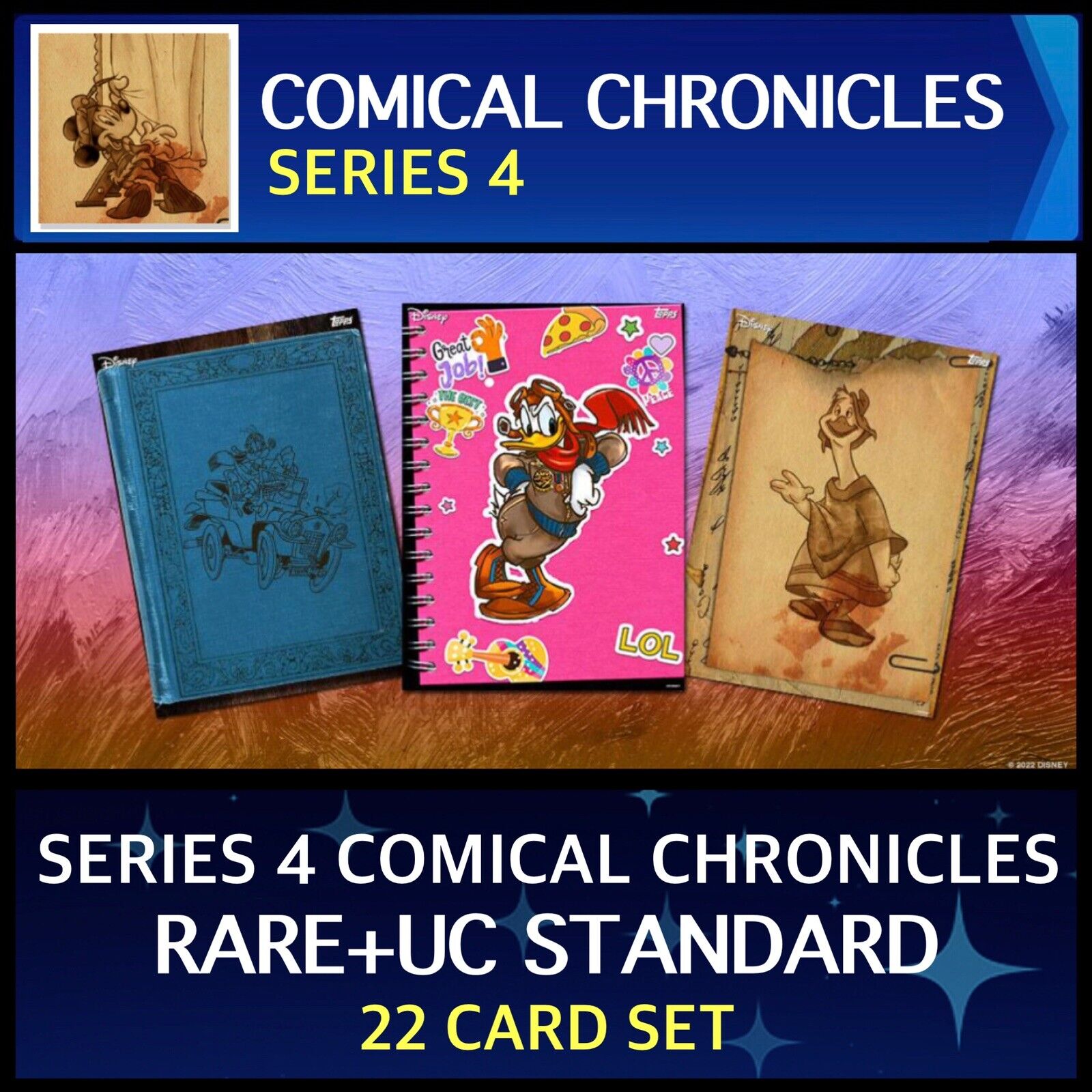 COMICAL CHRONICLES SERIES 4-RARE+UC 22 CARD SET-TOPPS DISNEY COLLECT