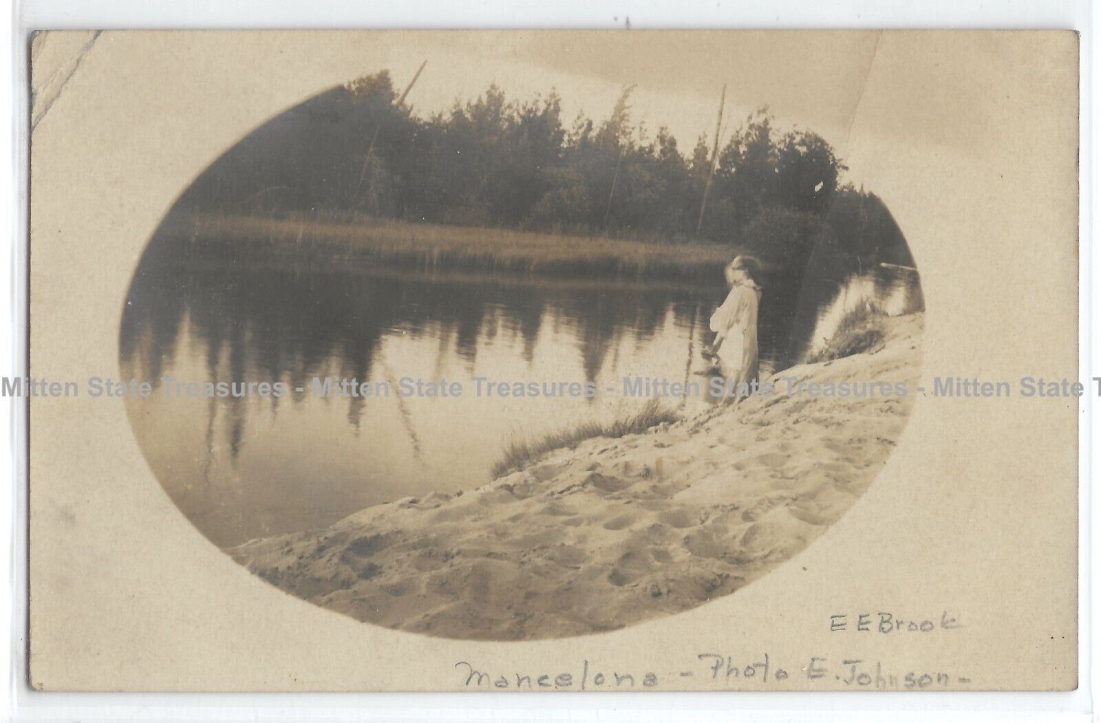 Girl, river, Mancelona, Michigan; Antrim Co. history, photo postcard RPPC