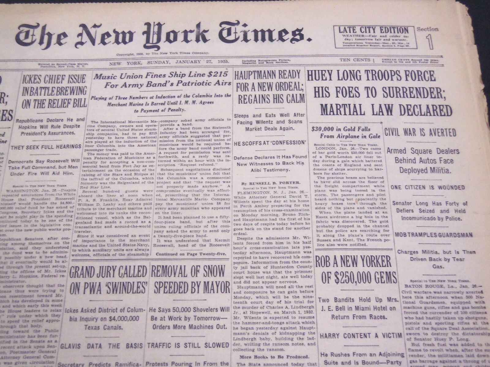 1935 JANUARY 27 NEW YORK TIMES - HUEY LONG TROOPS FORCE FOES SURRENDER - NT 4377