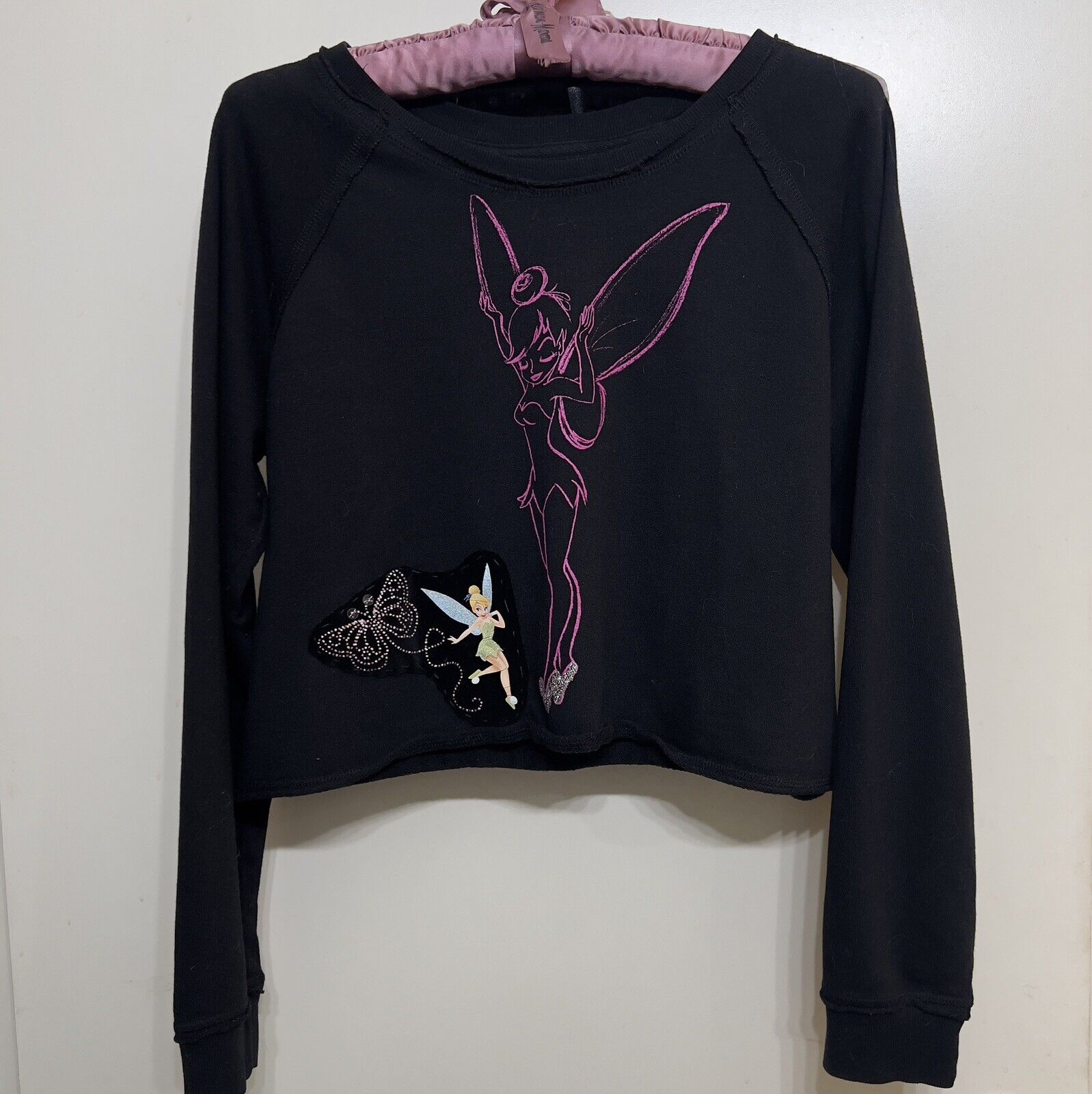 DISNEY Couture Tinkerbell Black Crop Shirt Sweatshirt with Bling