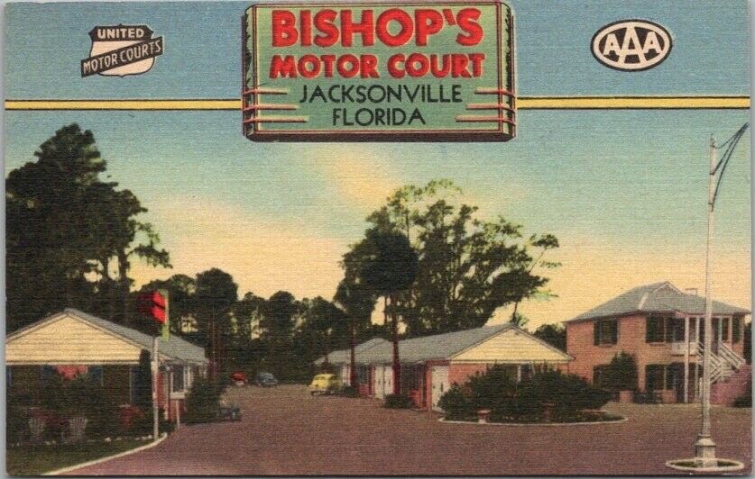 Jacksonville, Florida Postcard BISHOP\'S MOTOR COURT Route 1 Roadside Linen 1940s