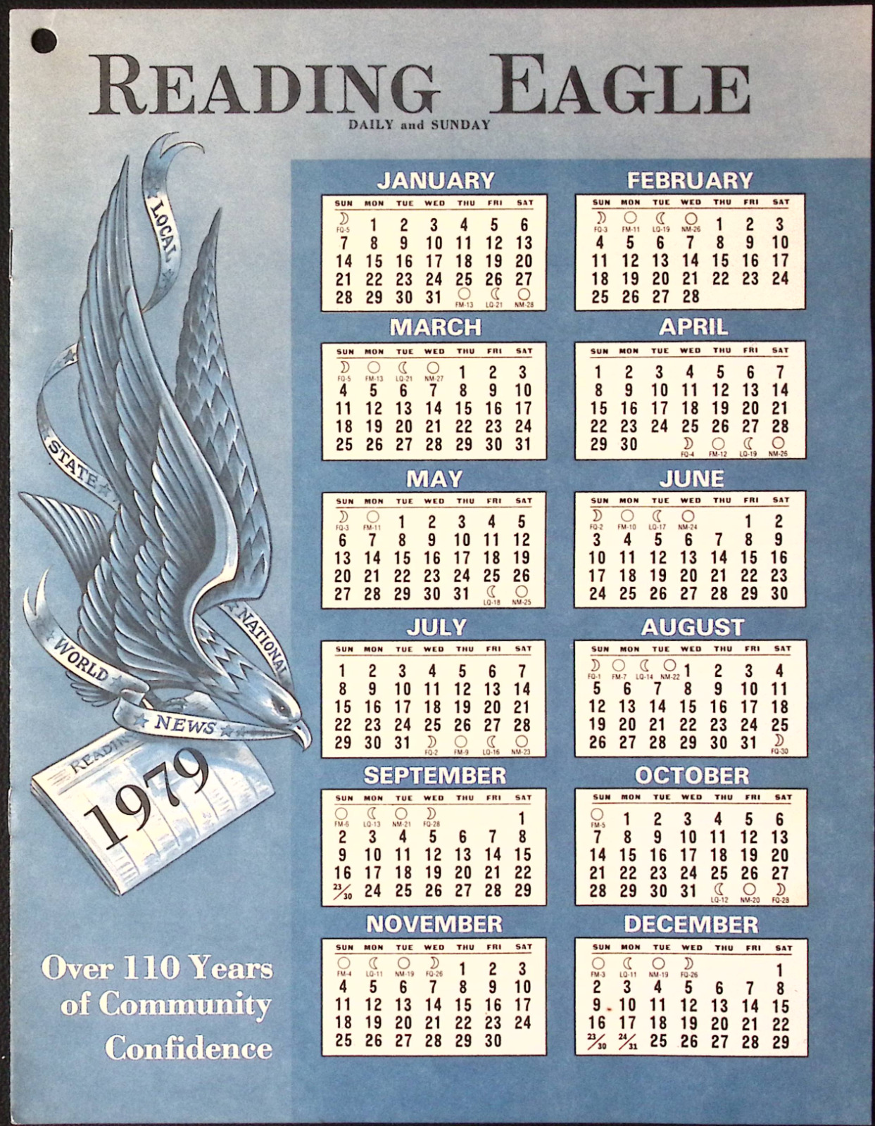 1979 Reading Eagle  Daily & Sunday READING PA Calendar Booklet Local Information