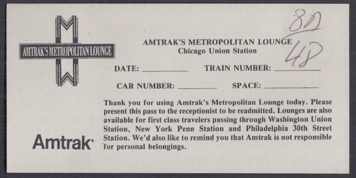 Amtrak Railroad Metropolitan Lounge Chicago Union Station pass c 1970s