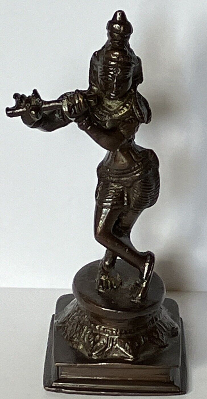 Hindu Lord Krishna Playing Flute/ Legs Crossed Cast Heavy Metal India 6 Inches