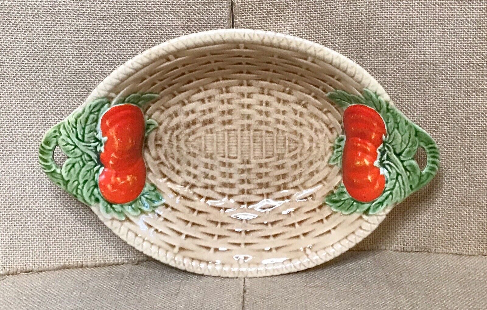 Vintage Antique Sarraguemines France Ceramic Basket 3D Tomato Handles Bowl Dish