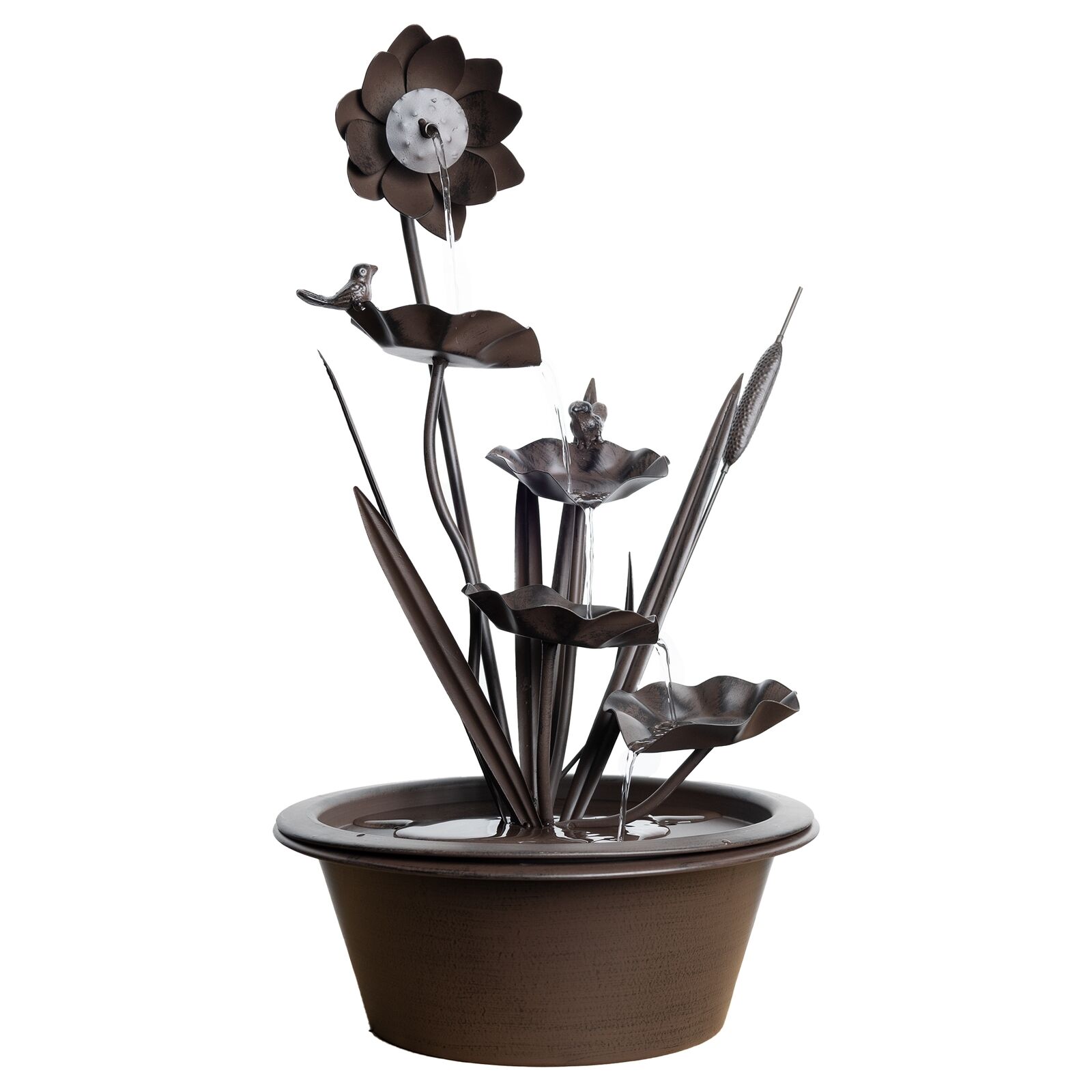 Melrose Brushed Metal Floral Fountain with Bird Accents 24\