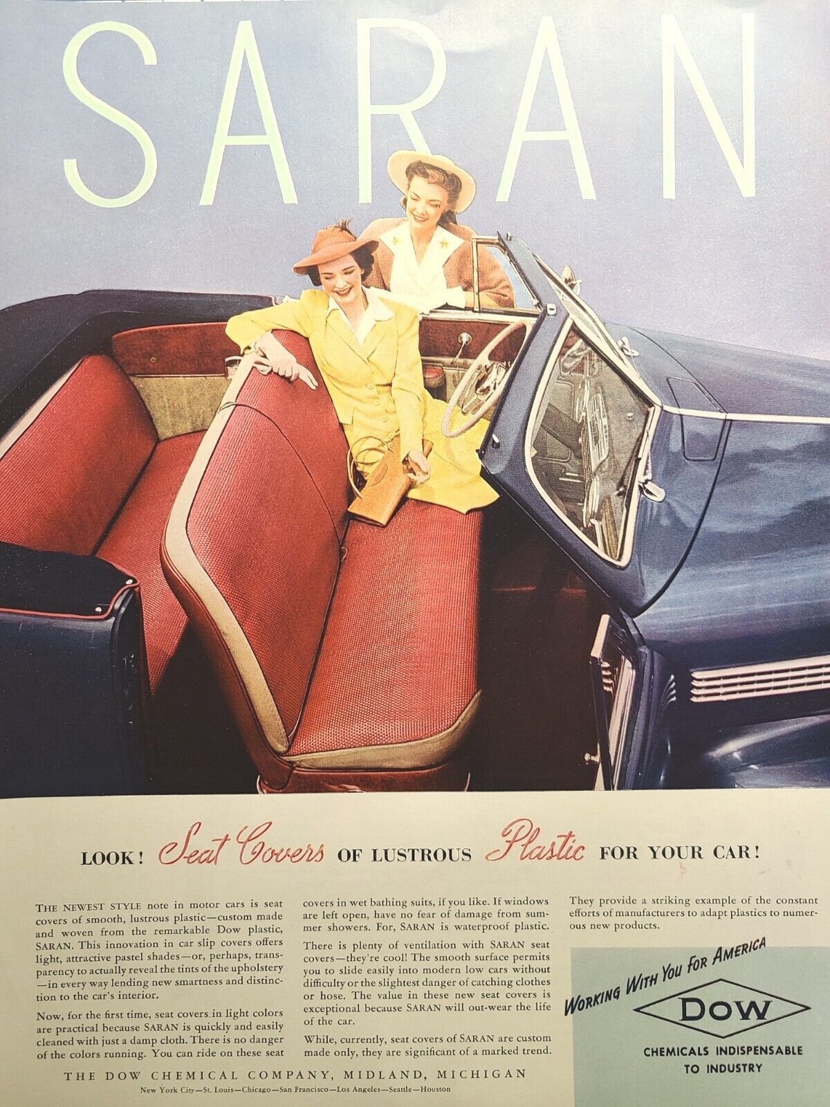 Dow Chemicals Saran Plastic Car Seat Covers Midland MI Vintage Print Ad 1941