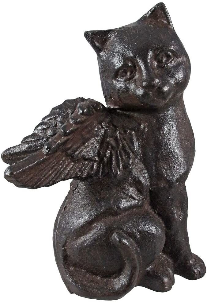Cast Iron Cat with Angel Wings Figurine Kitten Memorial Statue Heavy Duty Brown
