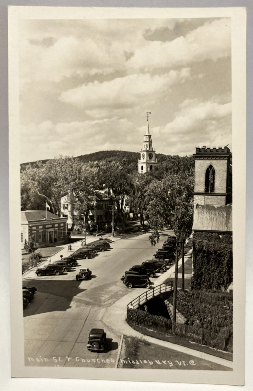 RPPC Main St, Churches, Middlebury, Vermont VT Vintage Real Photo Postcard