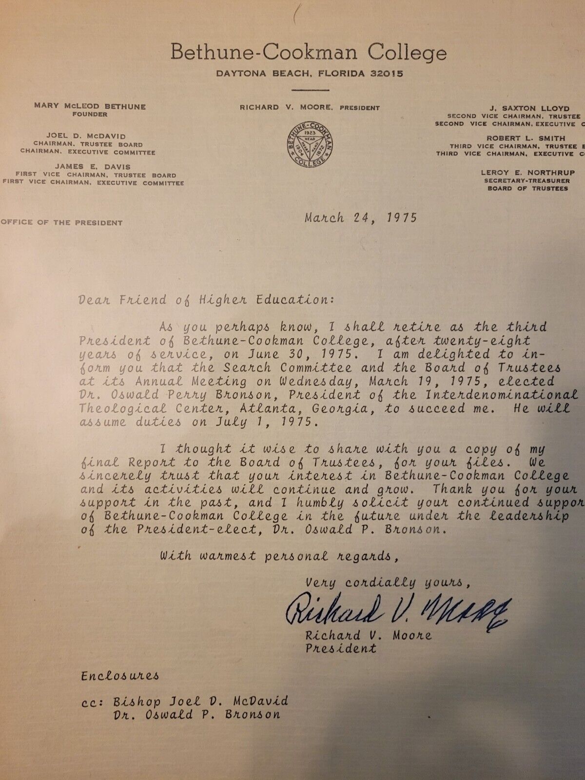 Super Rare Signed Letter From Bethune-Cookman College President, Richard Moore