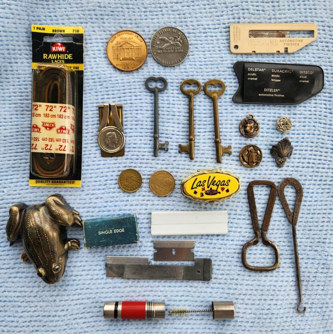 Vintage/Antique Junk Drawer Frog Lighter Treasures Coke Tokens Keys Money, More