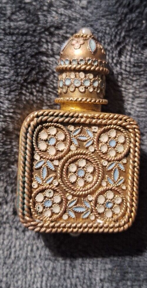 Victorian French Jeweled Perfume Bottle Vintage Gold Enamel 