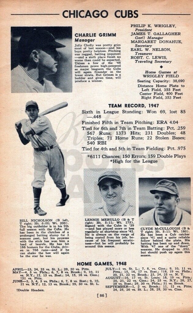 1948 Chicago Cubs Team Wrigley Field  Vintage Baseball Print Ad Page