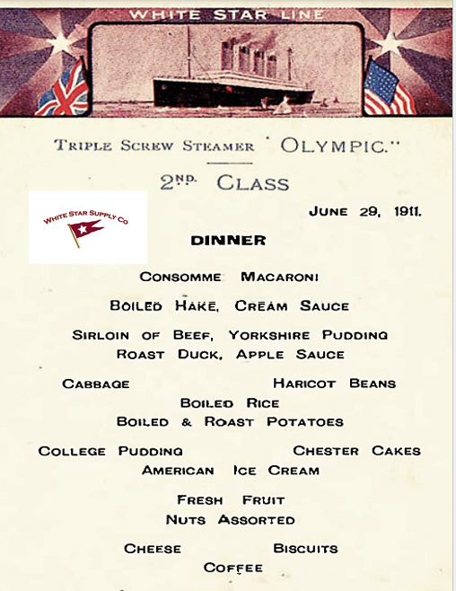 RMS OLYMPIC SECOND CLASS DINNER MENU JUNE 29, 1911 REPRINT, VERY NICE