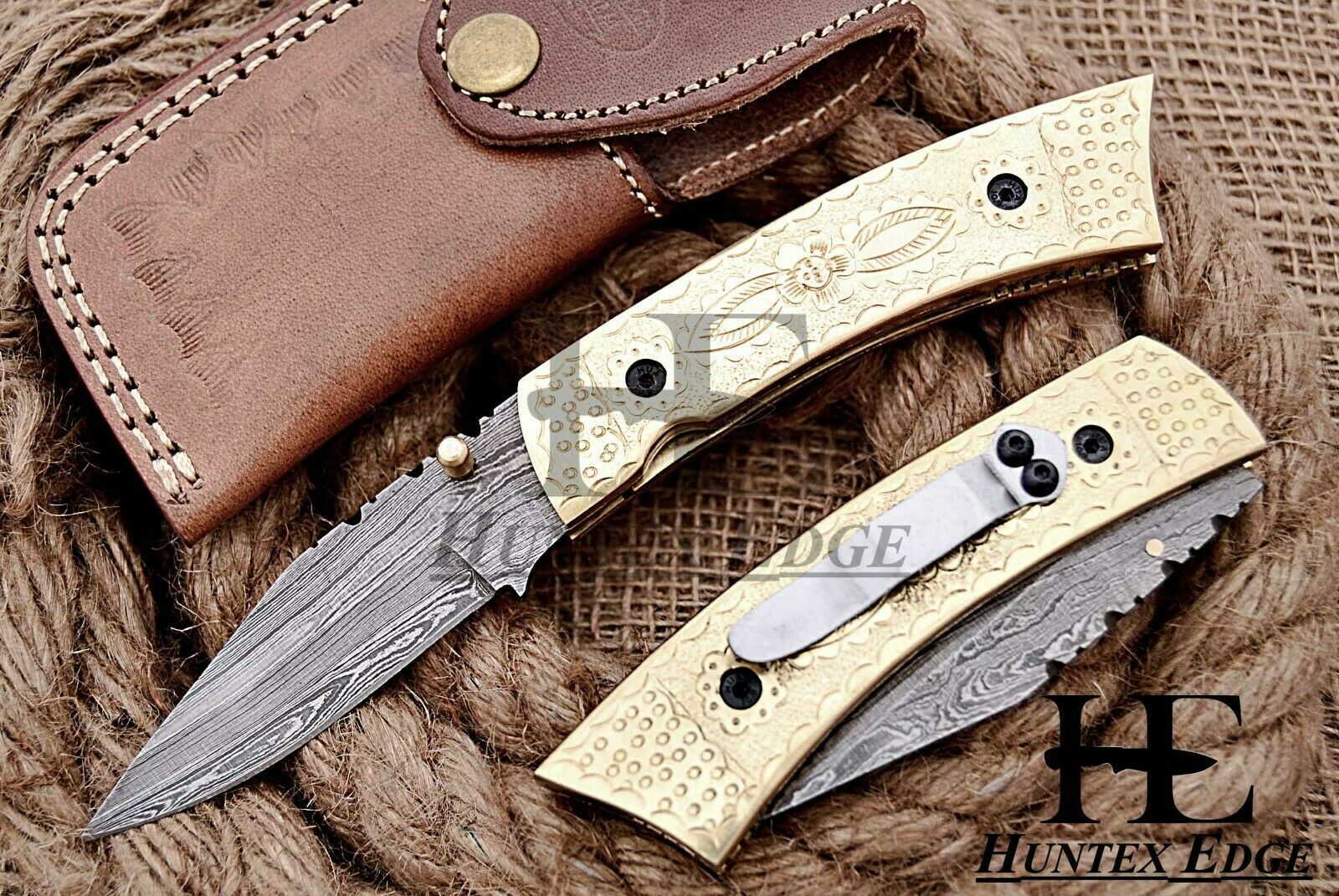 HUNTEX Custom Handmade Damascus 110 mm Long Brass Hunting Folding Pocket Knife