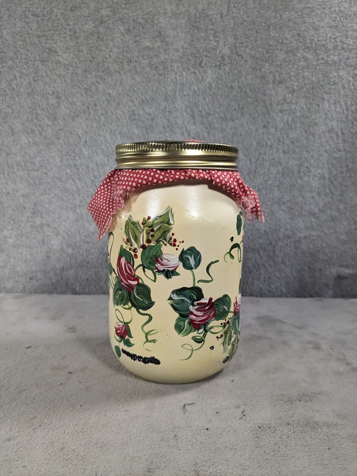 Vintage Handpainted Glass Mason Jar Canister With Flower Design Kitchen Decor