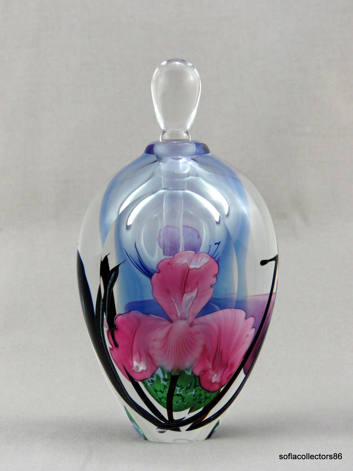 Satava Paperweight Type Perfume Bottle - Faceted with Pink Irises - 1993