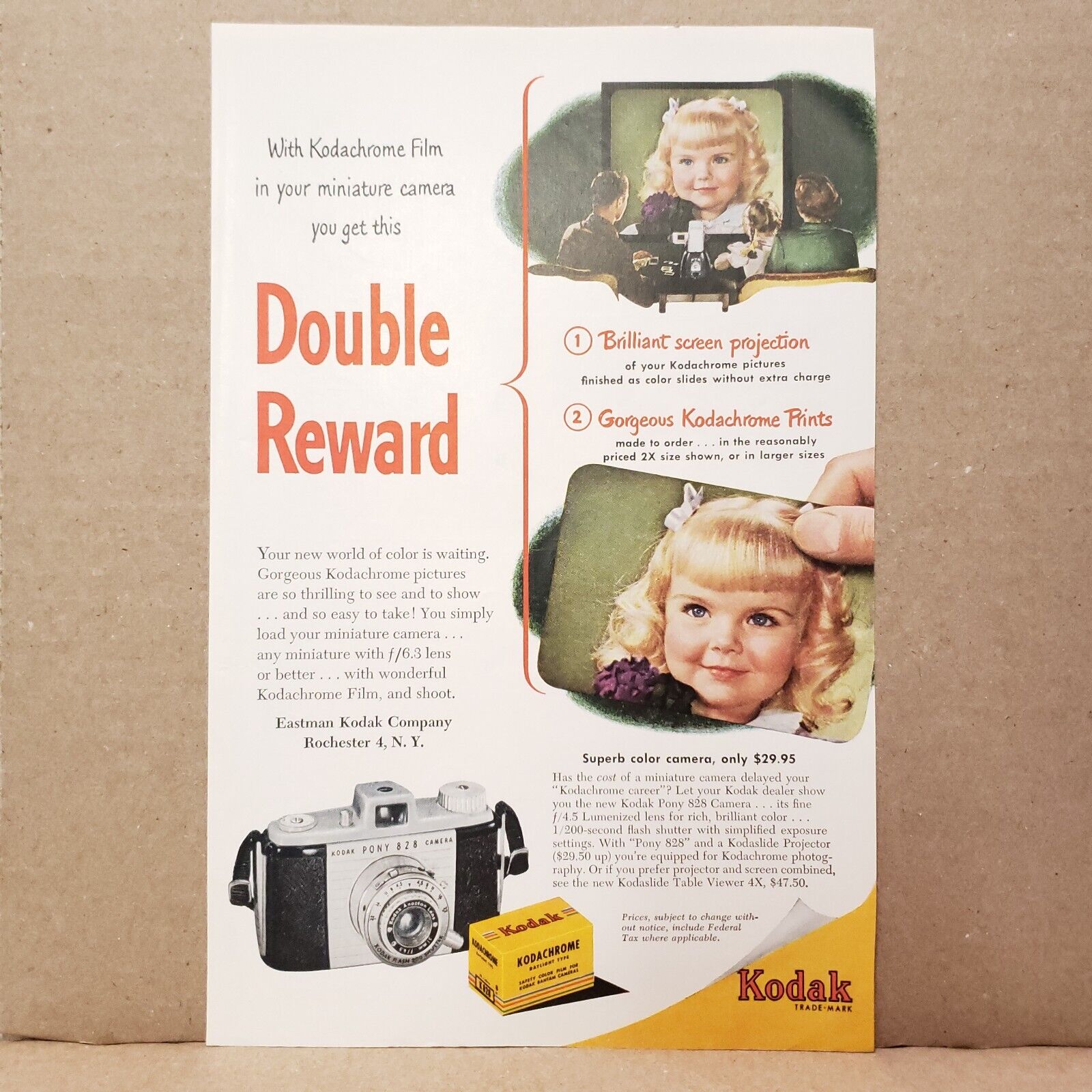 1951 Eastman Kodak Kodachrome Film Print Ad Double Reward Projection