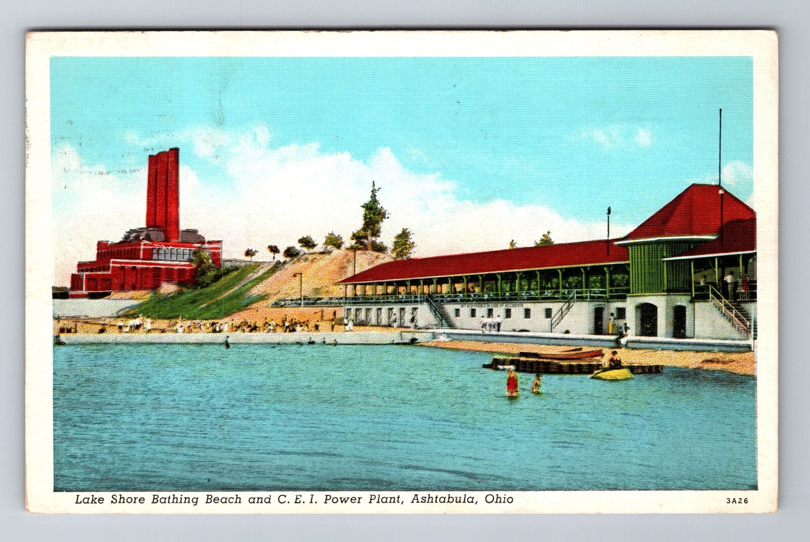 Ashtabula OH-Ohio, lake Shore Bathing Beach, Power Plant, c1941 Vintage Postcard