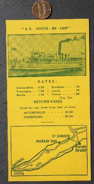 1937 Quebec Canada SS Riviere Du Loup St. Lawrence Seaway Ferry rate card RARE -