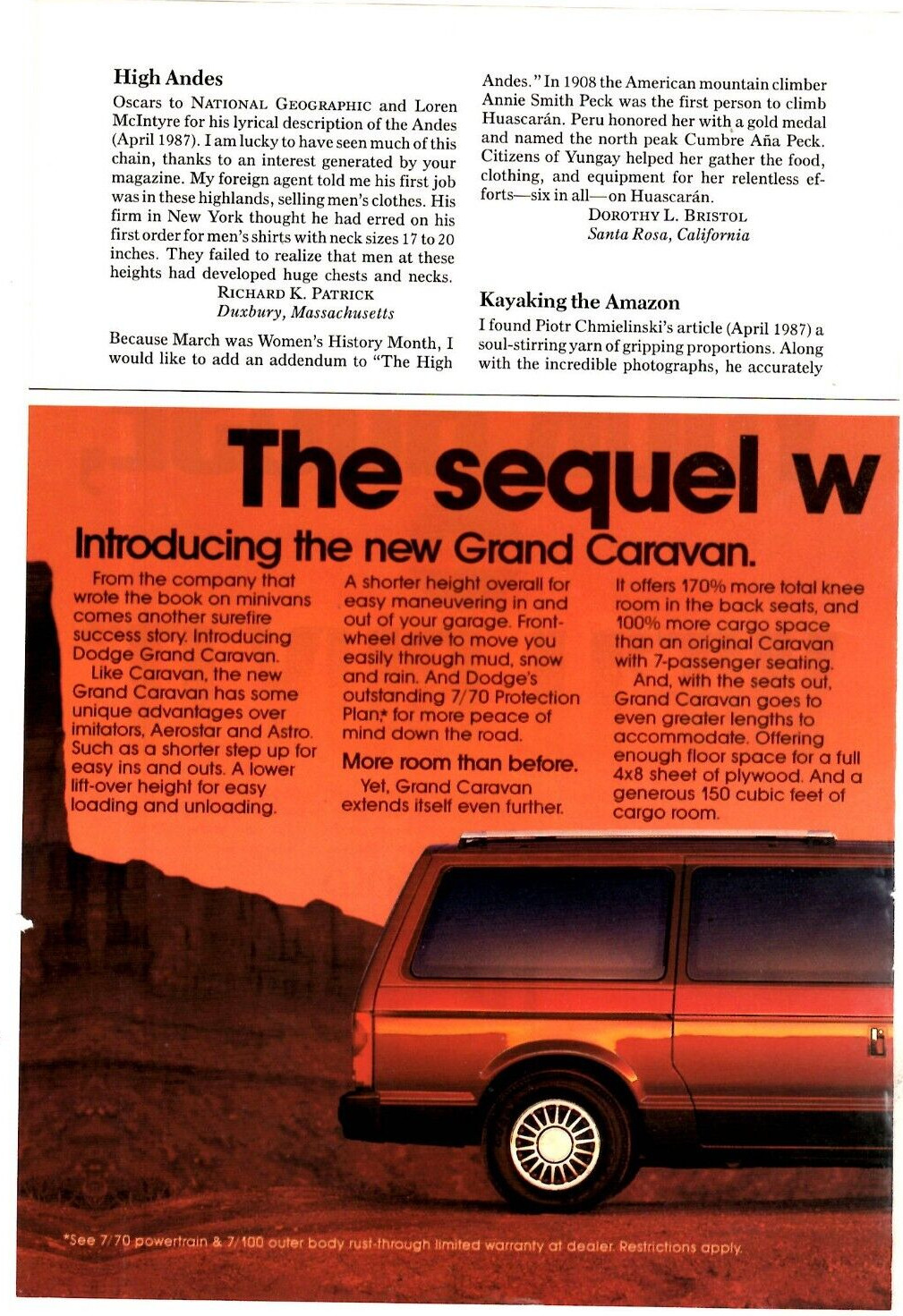 1987 Print Ad Dodge Grand Caravan All new V-6 Power The Sequel with No Equal