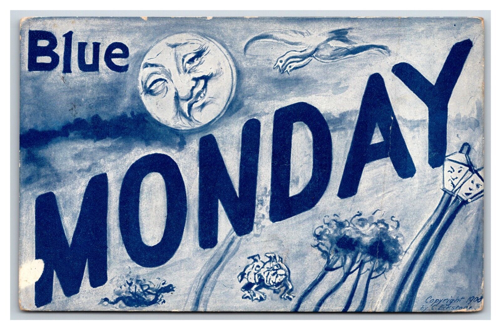 Large Letter Greetings Blue Monday Man In Moon C. Eckstone DB Postcard R23