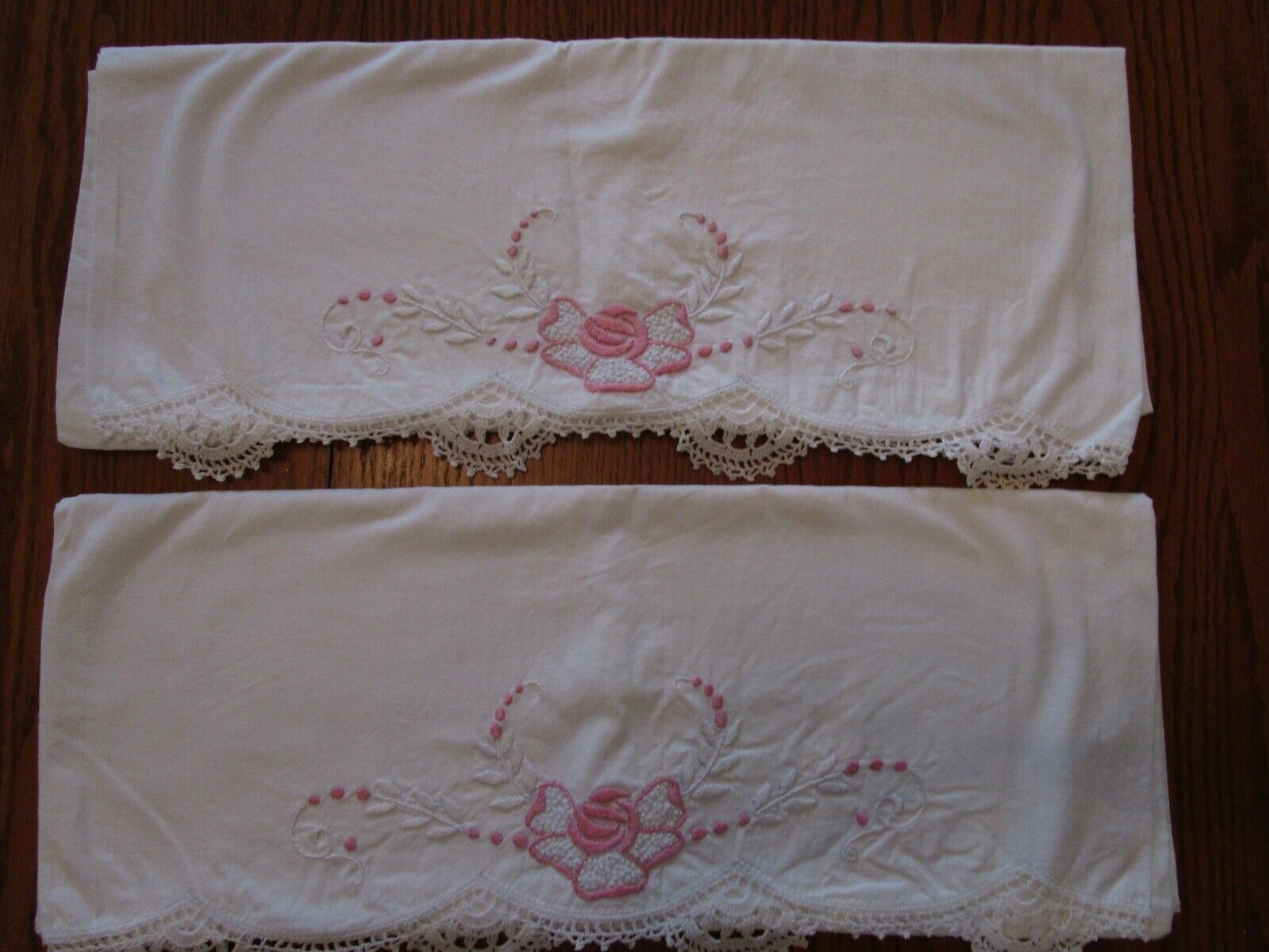 Vintage Emboidered Pillowcase Pair Pink Flowers and Lace Trim