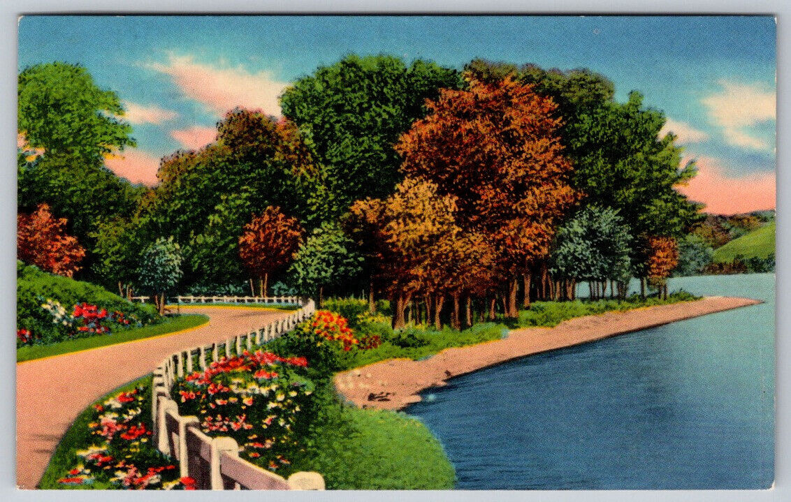 White Picket Fence Dirt Road Against a Sandy Lake Embankment Postcard