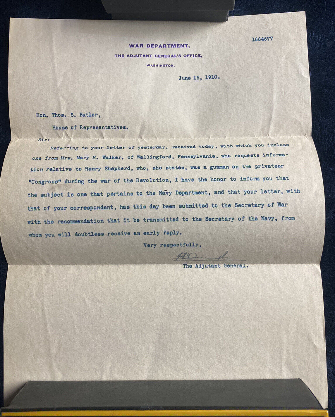 Vintage 1910 War Department Letter Signed by Major General Frederick C Ainsworth