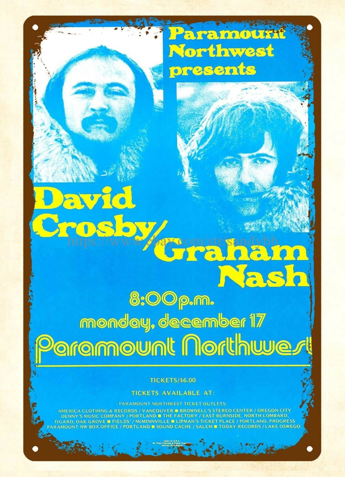 1973 David Crosby-Graham Nash Paramount Northwest Concert Poster metal tin sign