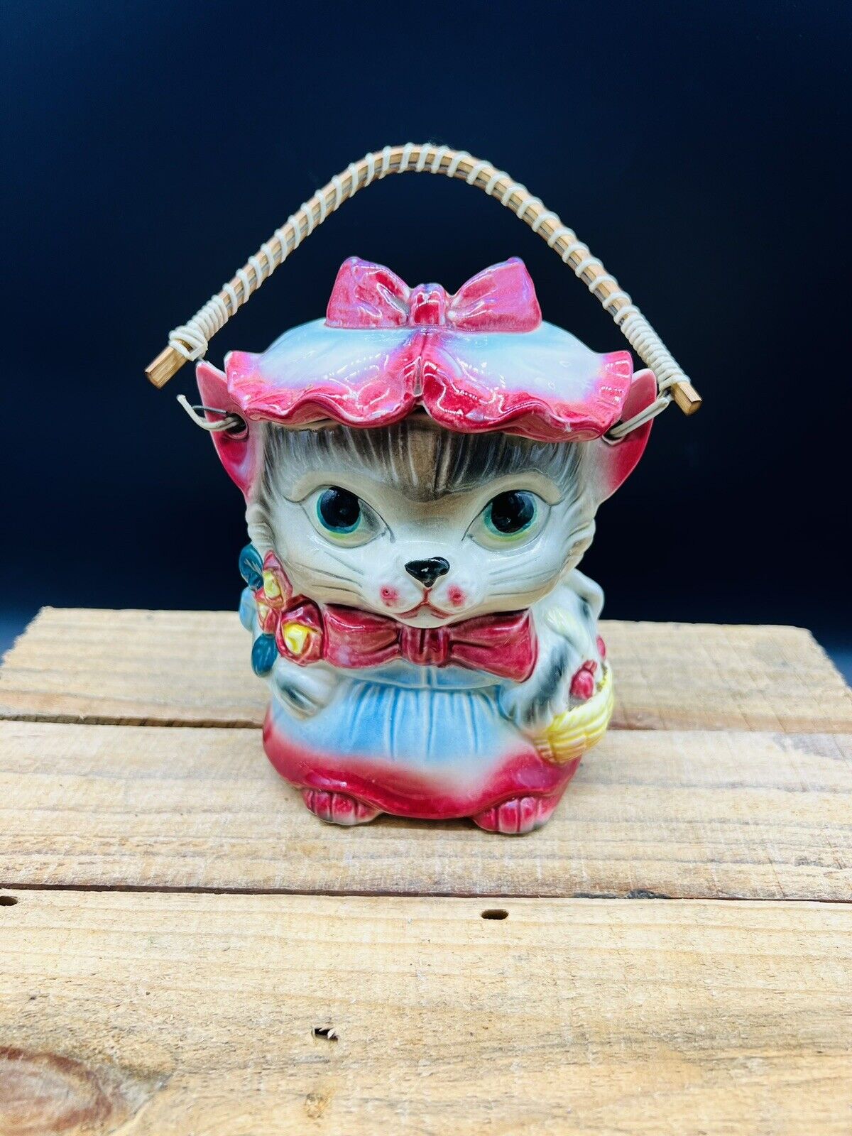 Vintage ROYAL SEALY Miss Kitty Cat Jar Biscuit Cookie Jar w/ Handle Japan 1950\'S