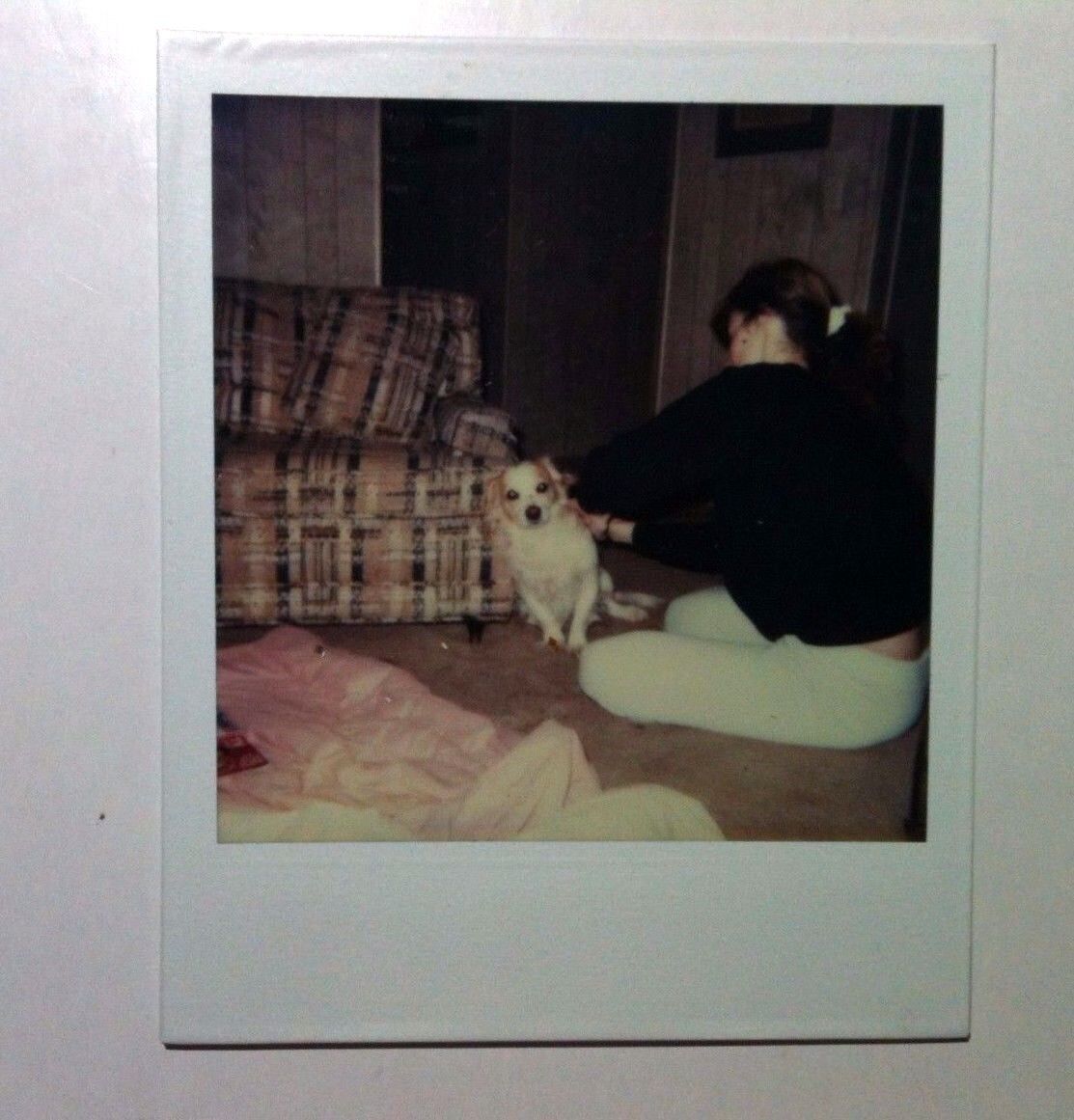 Vintage 80s Kodak PHOTO Woman Looking at Funny Little Dog In Home