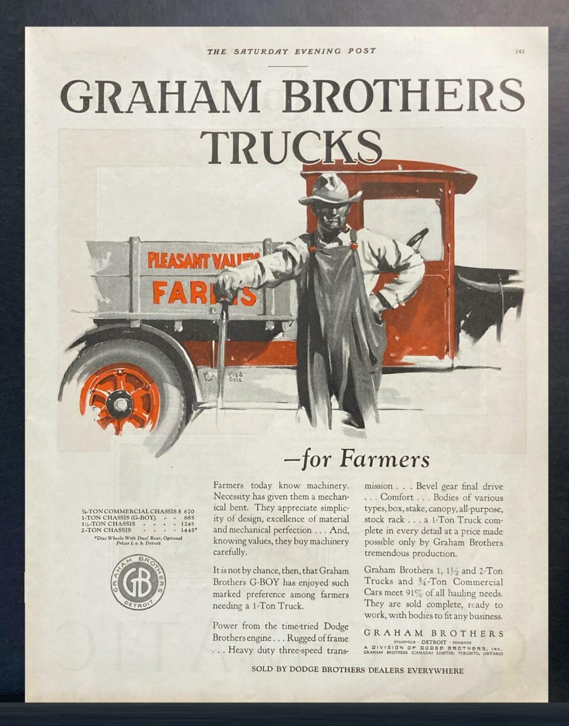 1927 Dodge Graham Brothers Trucks for Farmers Fred Cole Art Vintage PrintAd
