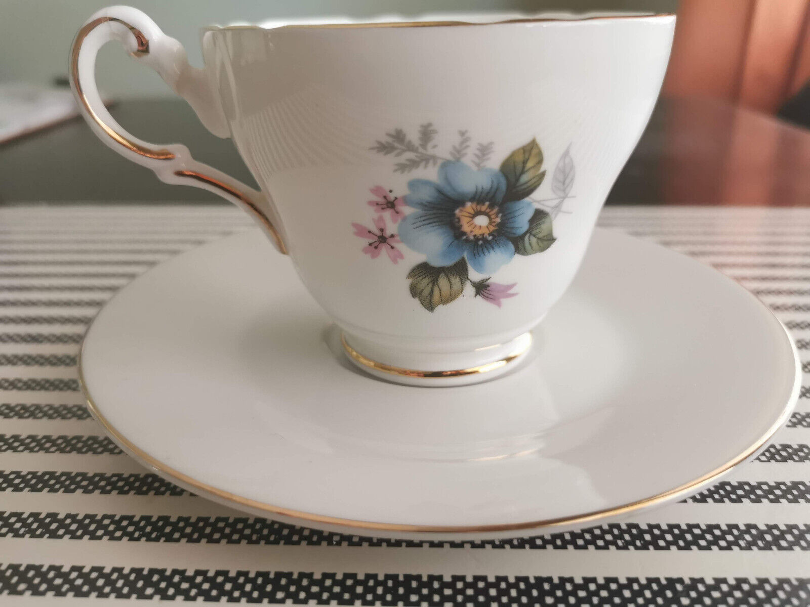 Regency English Bone China Teacup and Saucer Set , Blue Floral
