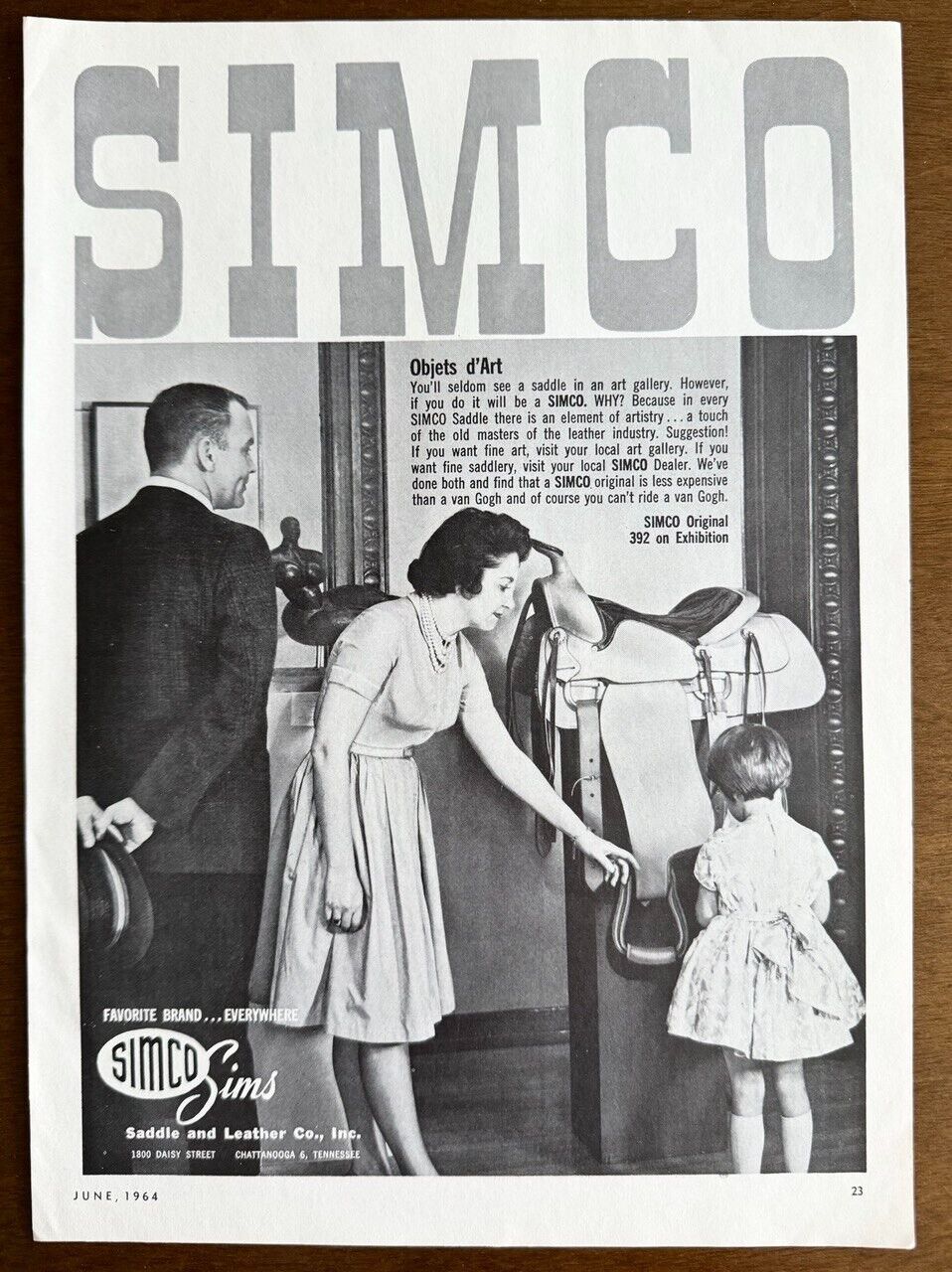 1964 Simco Sims Saddle & Leather Chattanooga PRINT AD Objets d\'Art