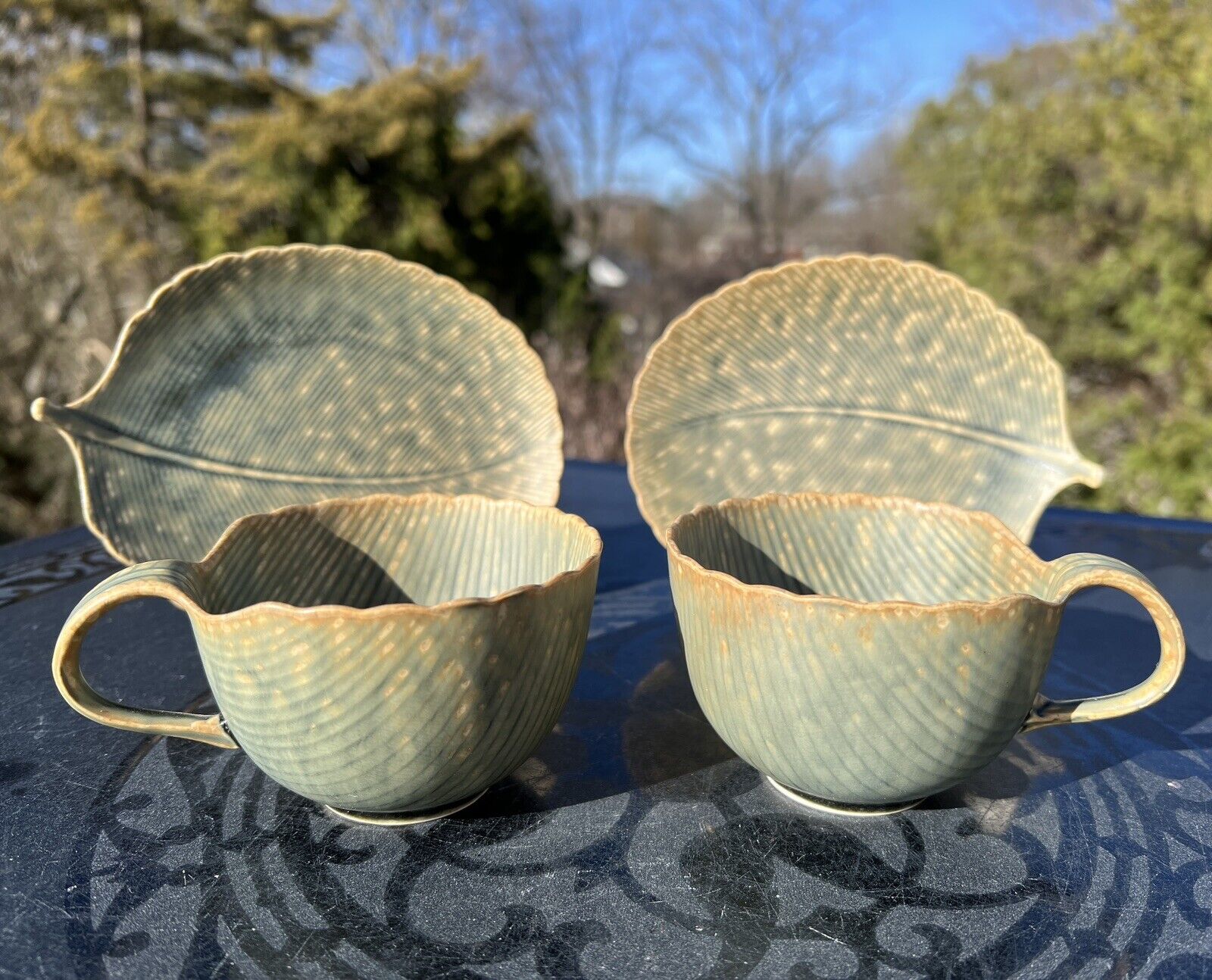 Lovely Kotobuki Japan Fine Porcelain Tea Leaf Textured Pair of Cups & Saucers