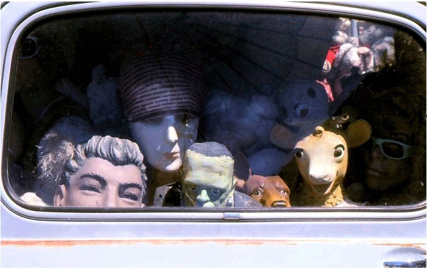 Vintage Abstract Funny Photo Slide of Paper Mache Faces Animals Inside Car Weird