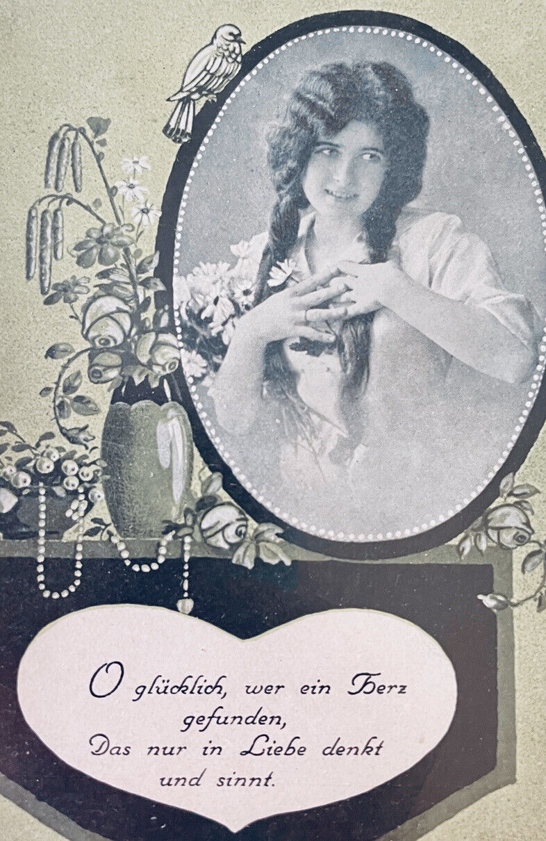 Rare Beautiful Antique 1900s German Wedding Poem Postcard Girl Mirror Bird
