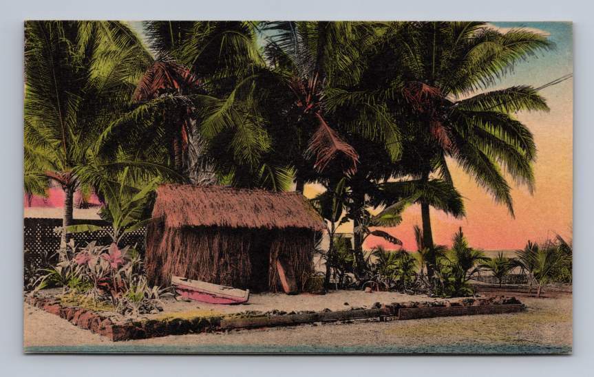 Vintage Hawaii Grass House Hand Colored Vintage Sunny Scenes Postcard ~1940s