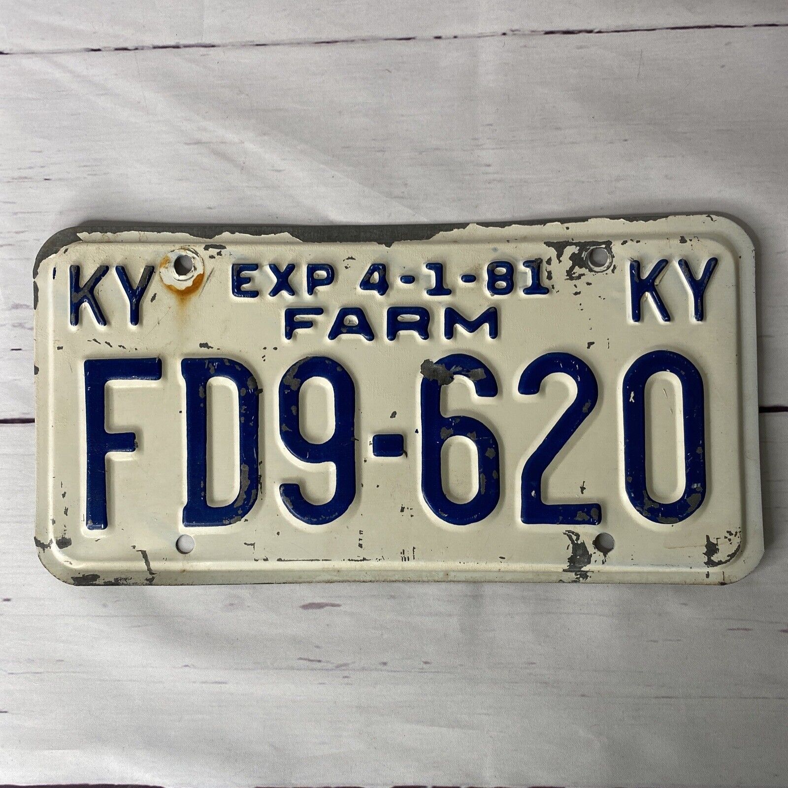 Vintage 1981 Kentucky FARM License Plate FD9-620 White Blue