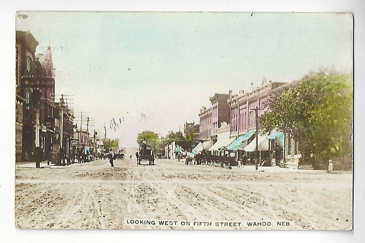 1909 Wahoo, Nebraska, Looking West on Fifth Street Colorized RPPC