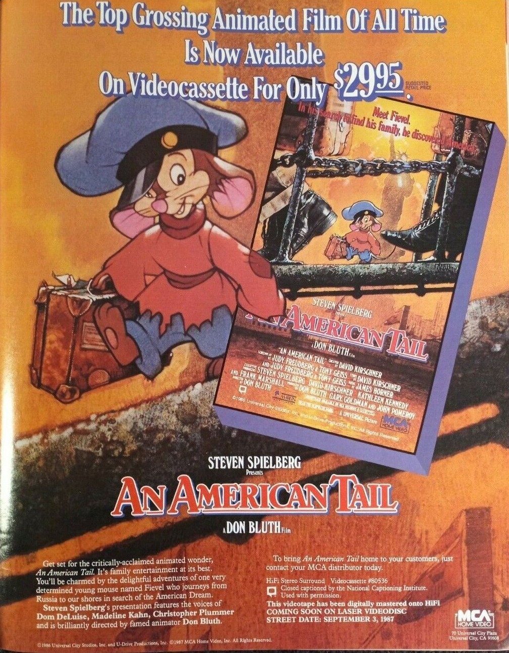 1987 AN AMERICAN TAIL ORIGINAL (UNFRAMED) PROMO AD