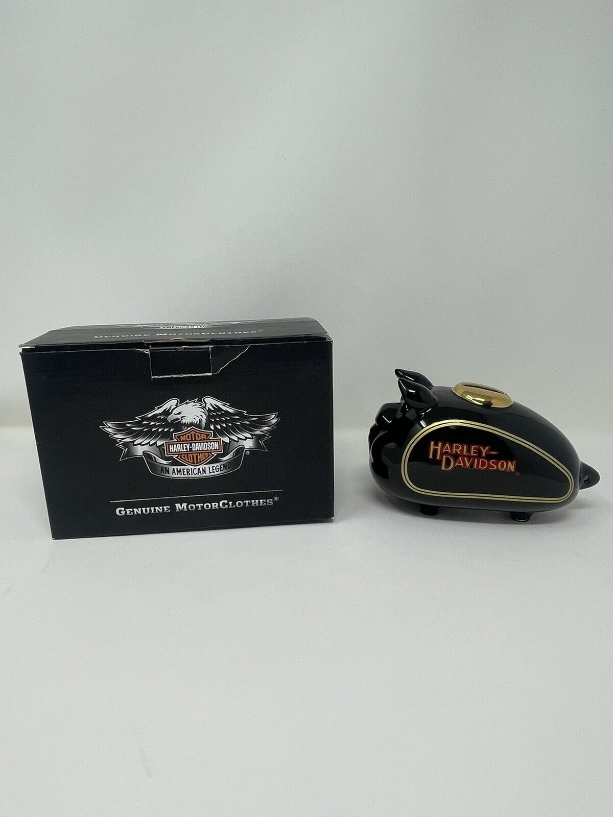 Vintage Harley Davidson mini hog Black/Gold Ceramic Piggy Bank, With Box