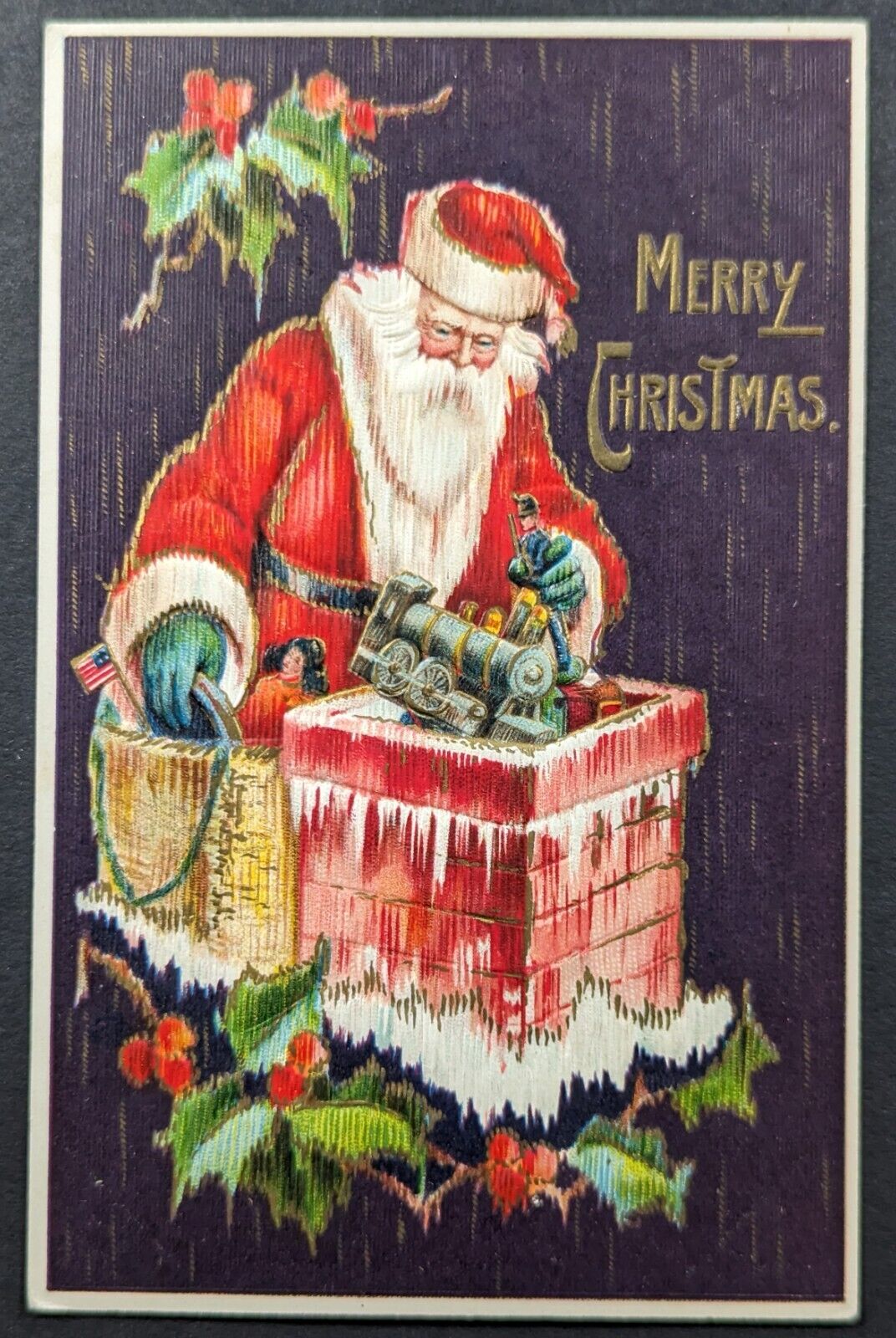 Postcard Vintage Christmas Santa Claus Putting Toys Down Chimney