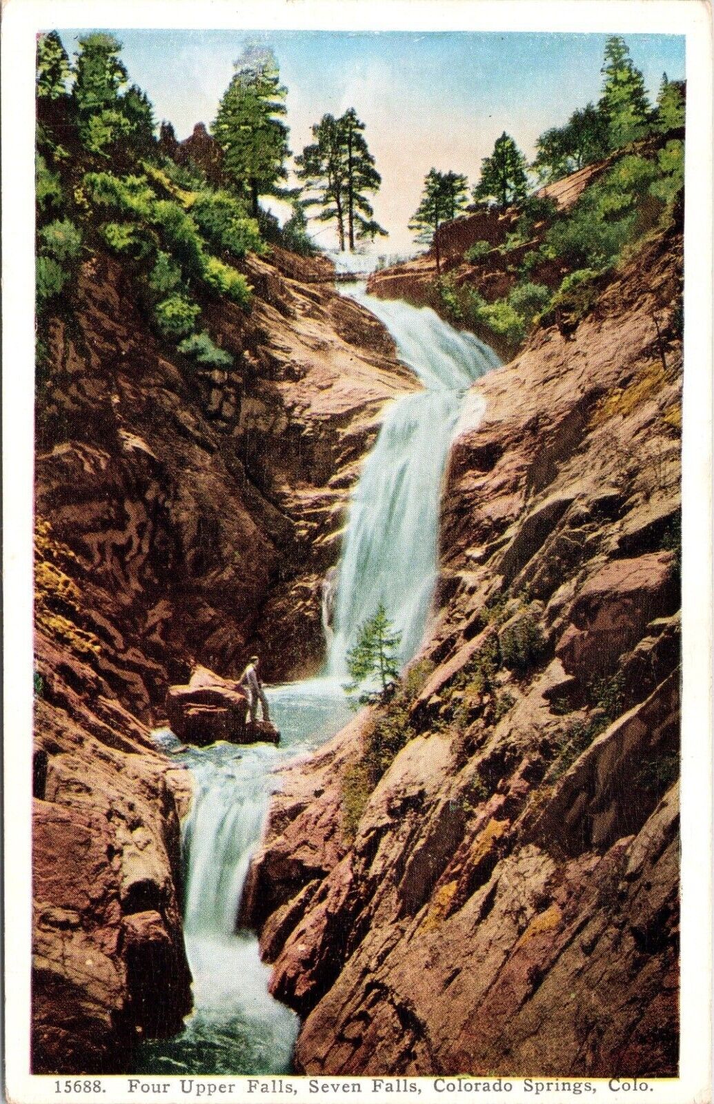 C.1920s Colorado Springs CO 4 Upper Falls 7 Waterfalls Man On Rock Postcard A323