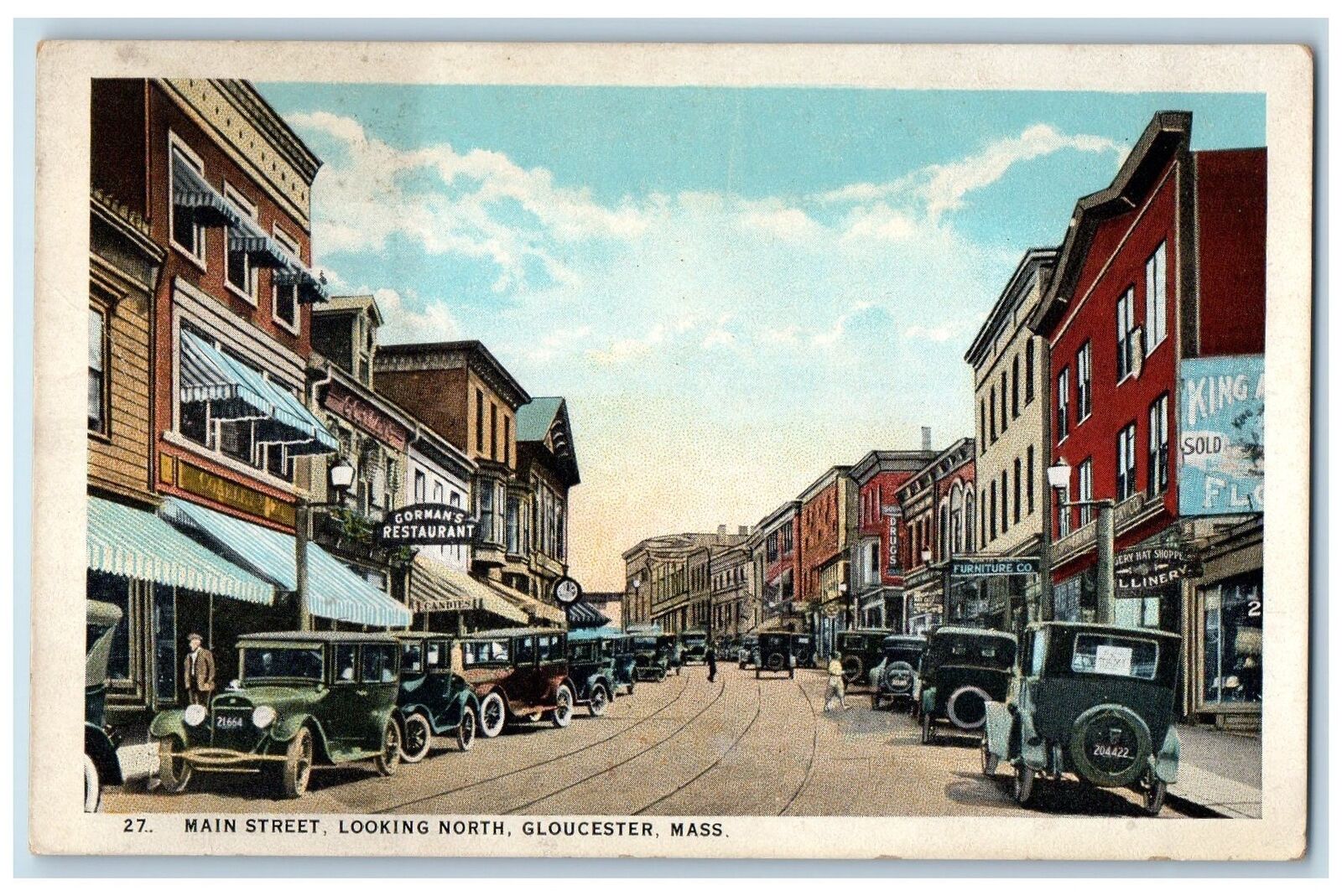 c1920s Main Street Looking North Shops Scene Gloucester MA Vintage Cars Postcard