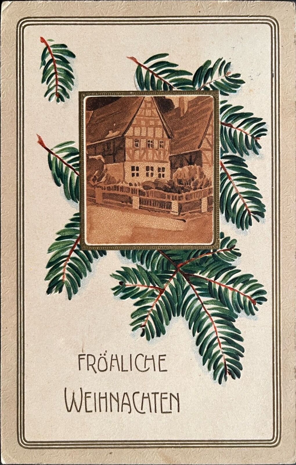 Embossed Christmas Greetings Postcard 1913, Fröhliche Weihnachten, Pine Boughs