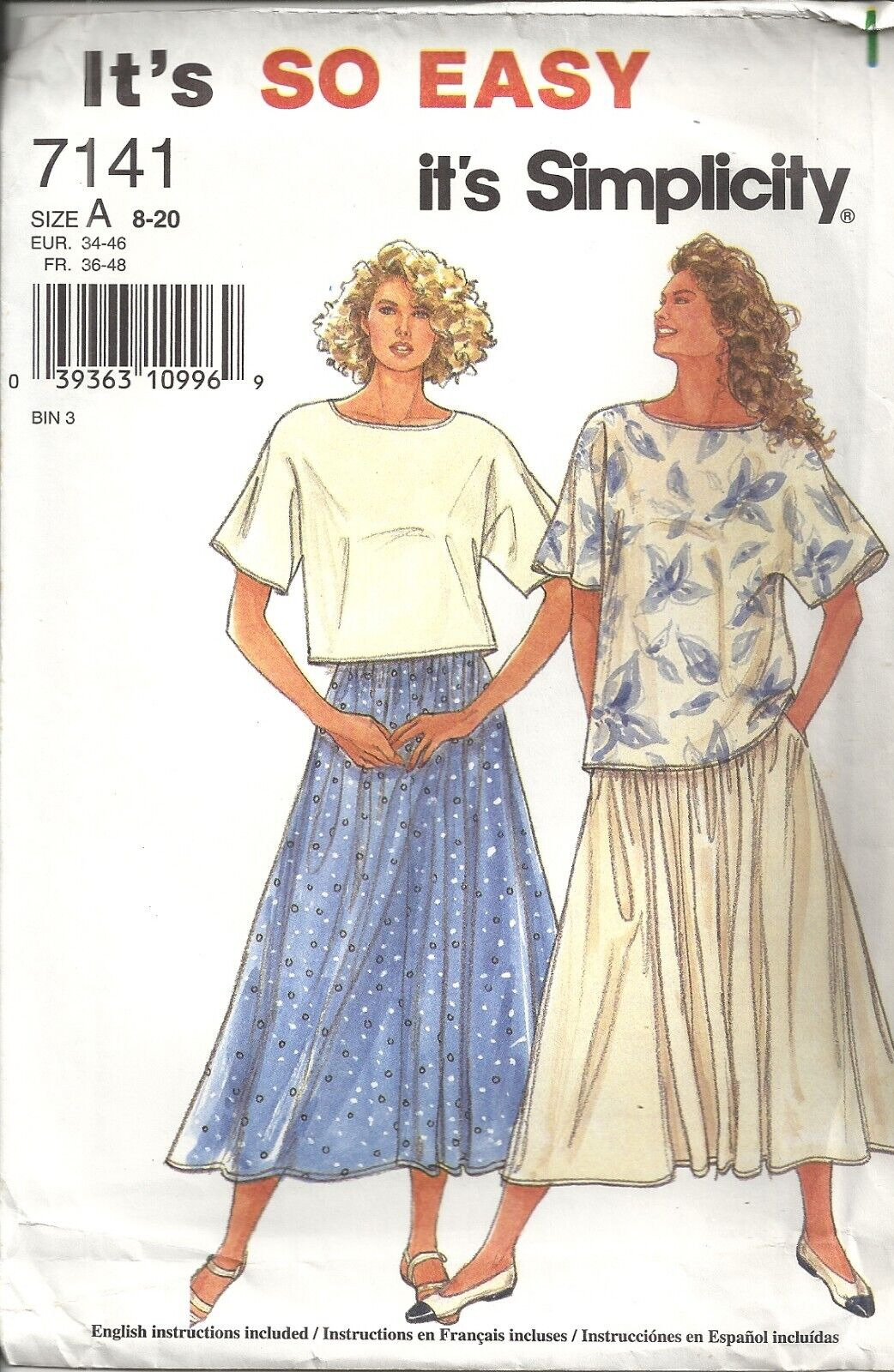 SIMPLICITY 7141 MISSES SIZE 8-20 TOP IN TWO LENGTHS & SKIRT SEWING PATTERN ©1996