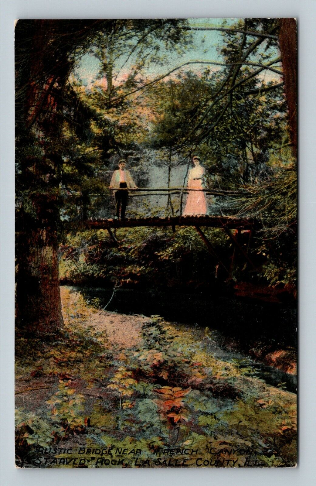 Starved Rock, Rustic Bridge Victorian Couple, Canyon, Illinois Vintage Postcard