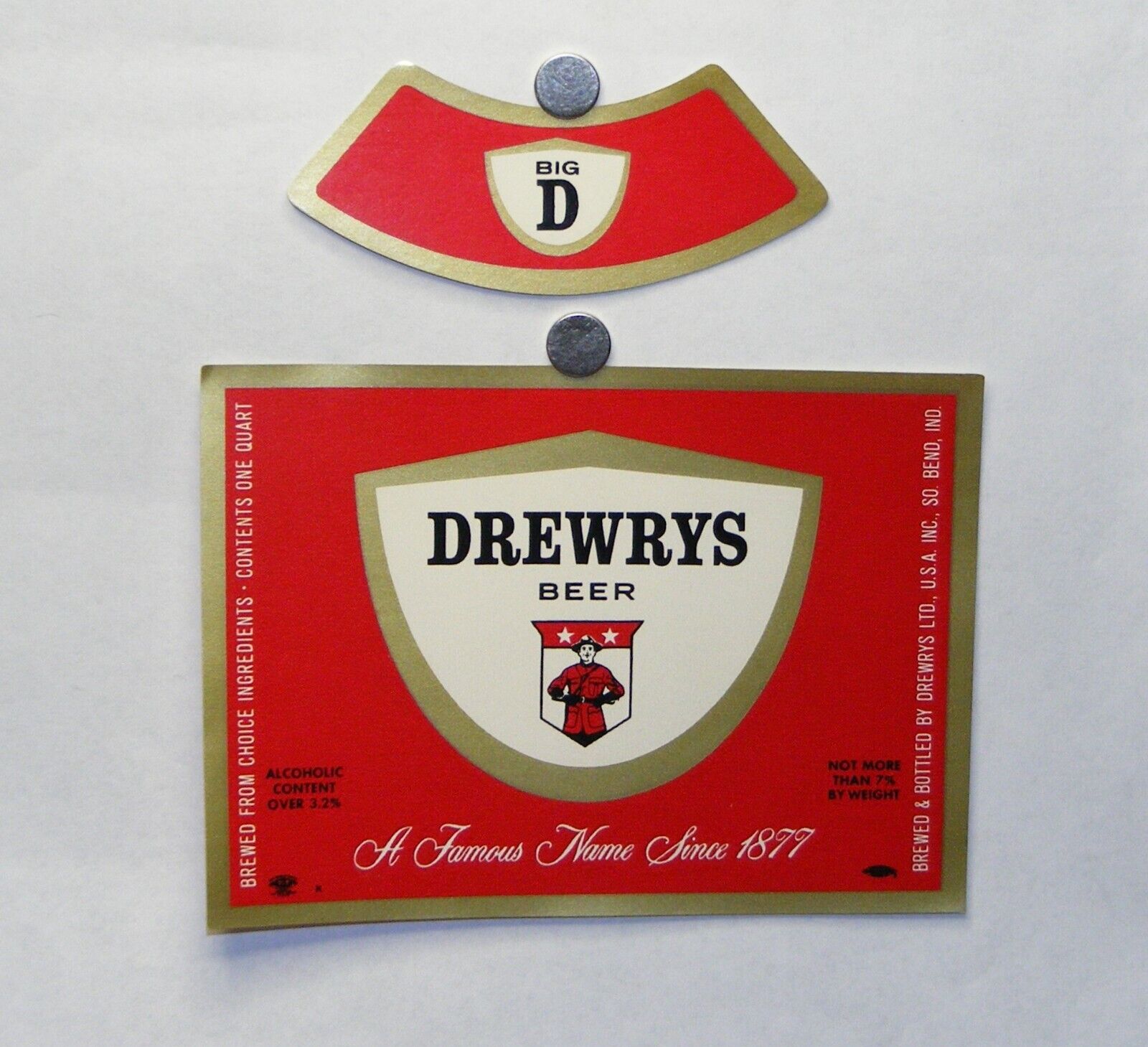 Vintage 1970s Drewrys quart & neck labels, South Bend Indiana